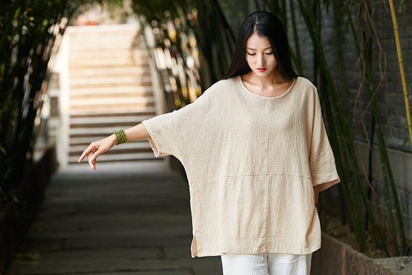 Simple Pure Color Linen and Cotton Loose Style Women Middle Sleeve Blouses