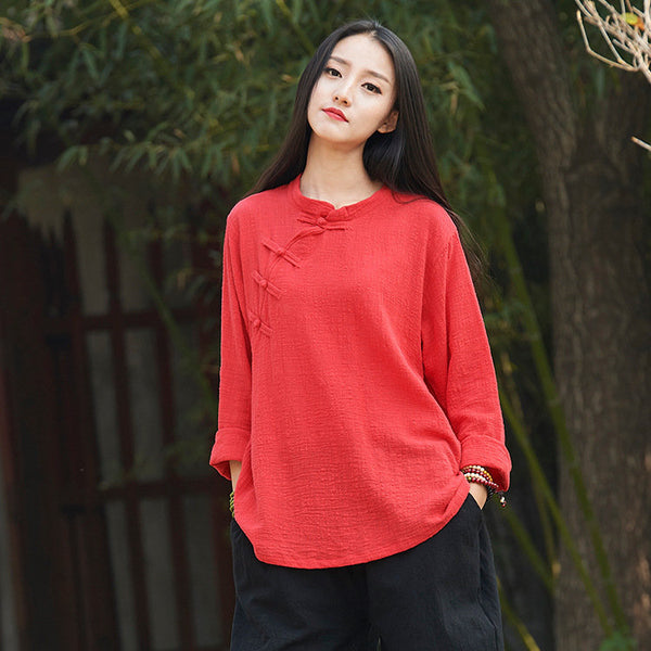 Women Pure Color Retro Chinese Style Women Long Sleeve Blouses