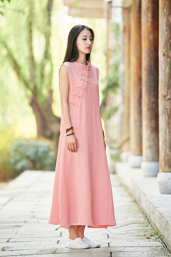 Women Chinese QiPao Type Linen and Cotton Sleeveless Maxi Dress