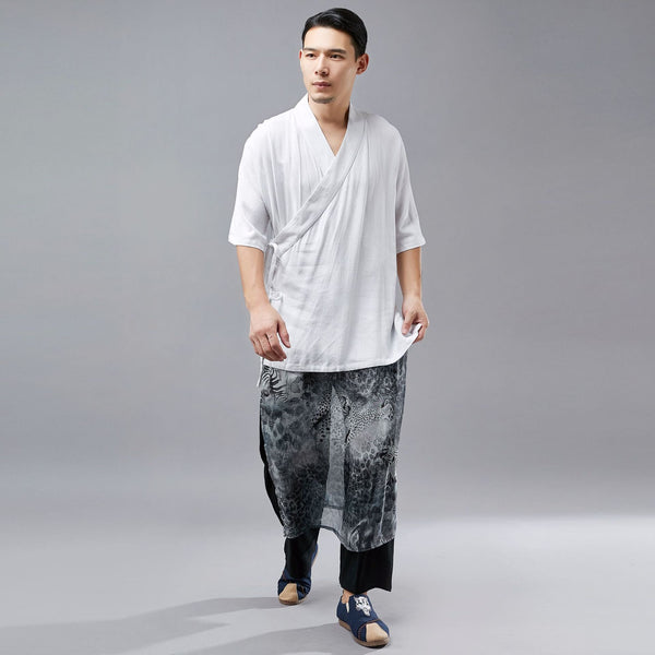 Men Tai Chi Style Hangfu Kungfu Zen Style Short Sleeve Linen and Cotton Tops