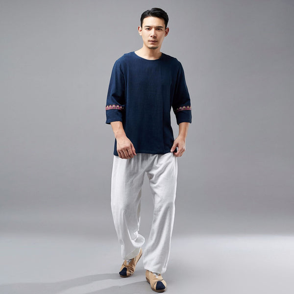 Men Ethnic Hangfu Kungfu Zen Style Men Linen and Cotton Short Sleeve T-shirt Tops