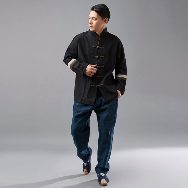 Men Hangfu Kungfu Zen Style Men Long Sleeve with Stripe Linen and Cotton Top