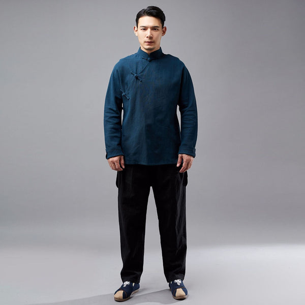 Men Eastern Swallowtail Coat Style Hangfu Kungfu Zen Style Men Long Sleeve Linen and Cotton Top