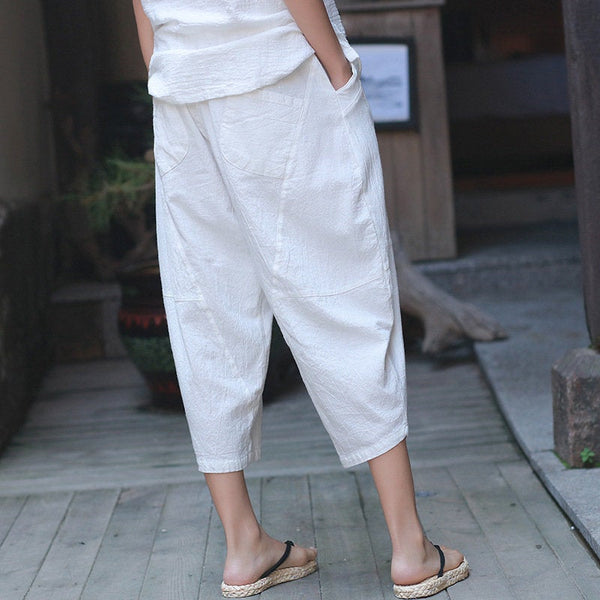 Women Casual Linen and Cotton Lantern Cropped Pants