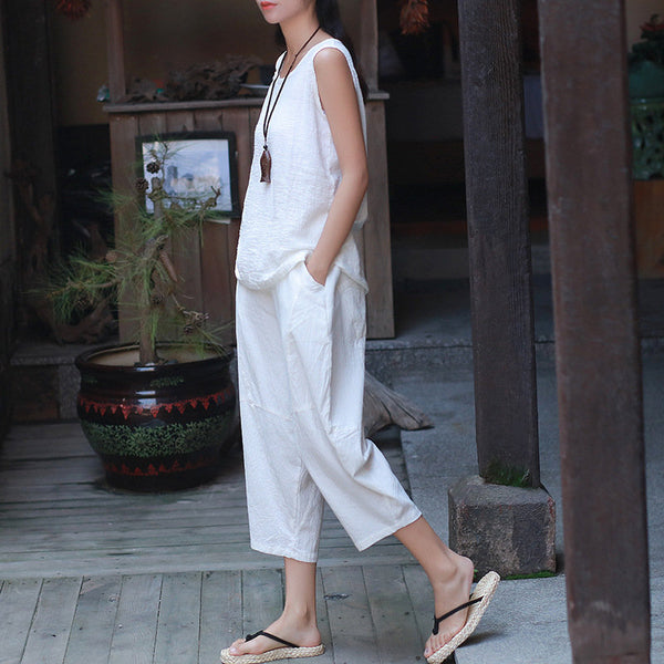 Women Casual Linen and Cotton Lantern Cropped Pants