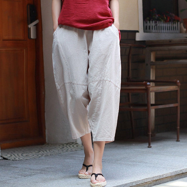Women Casual Linen and Cotton Lantern Cropped Pants