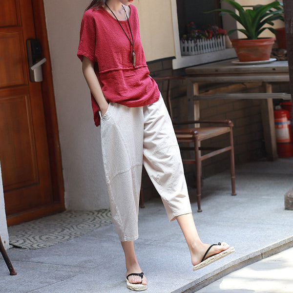 Women Casual Linen and Cotton Lantern Cropped Pants