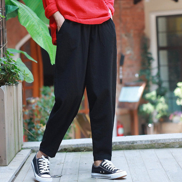 Women Casual Linen and Cotton Loose  Cropped Small Leg Pants