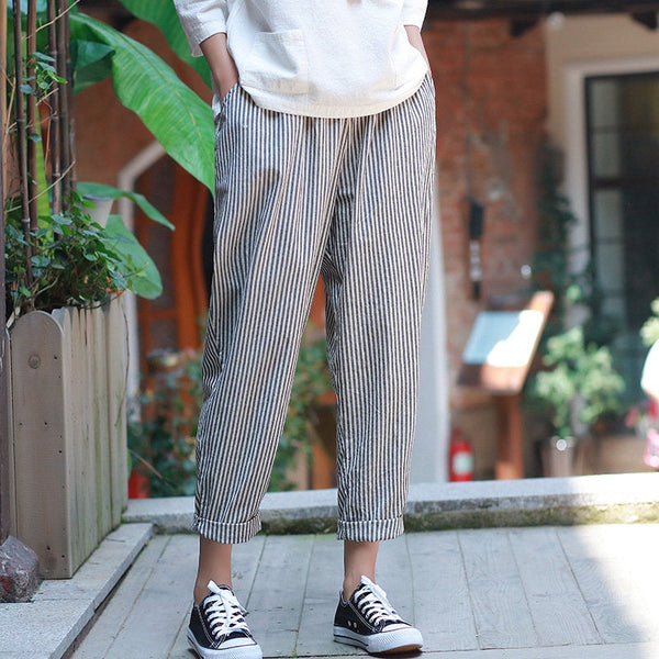 Women Linen and Cotton Casual Cropped Striped Pants