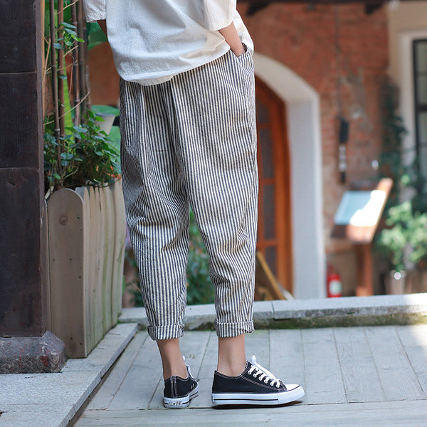 Women Linen and Cotton Casual Cropped Striped Pants