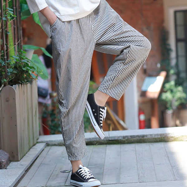 Women Linen and Cotton Casual Cropped Striped Pants