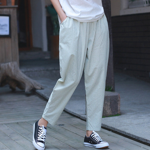 Women Linen and Cotton Casual Cropped Striped Pants