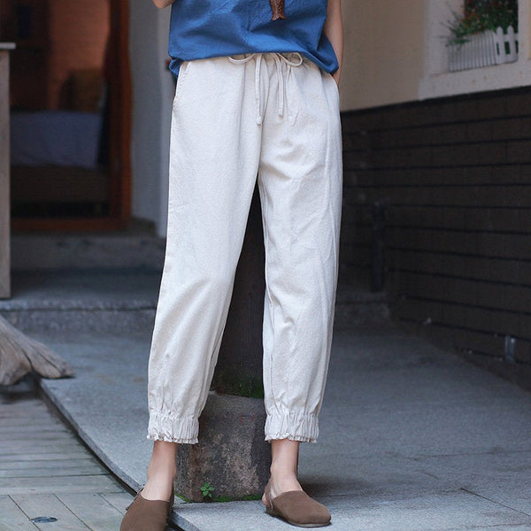 Women Causal Linen and Cotton Lantern Cropped Capri