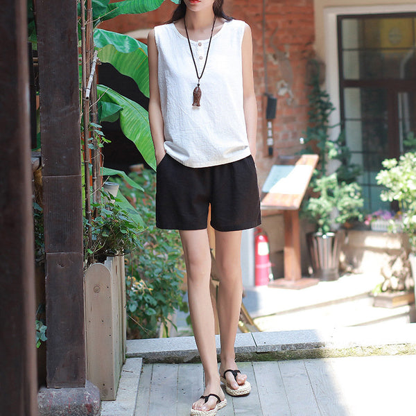 Women Casual Simple Linen and Cotton Shorts