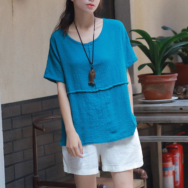 Simple Style Women Short Sleeve Linen and Cotton T-shirt