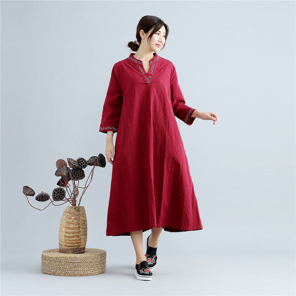 Women Asian Type Women Linen and Cotton Embroidered Tea Length Dress