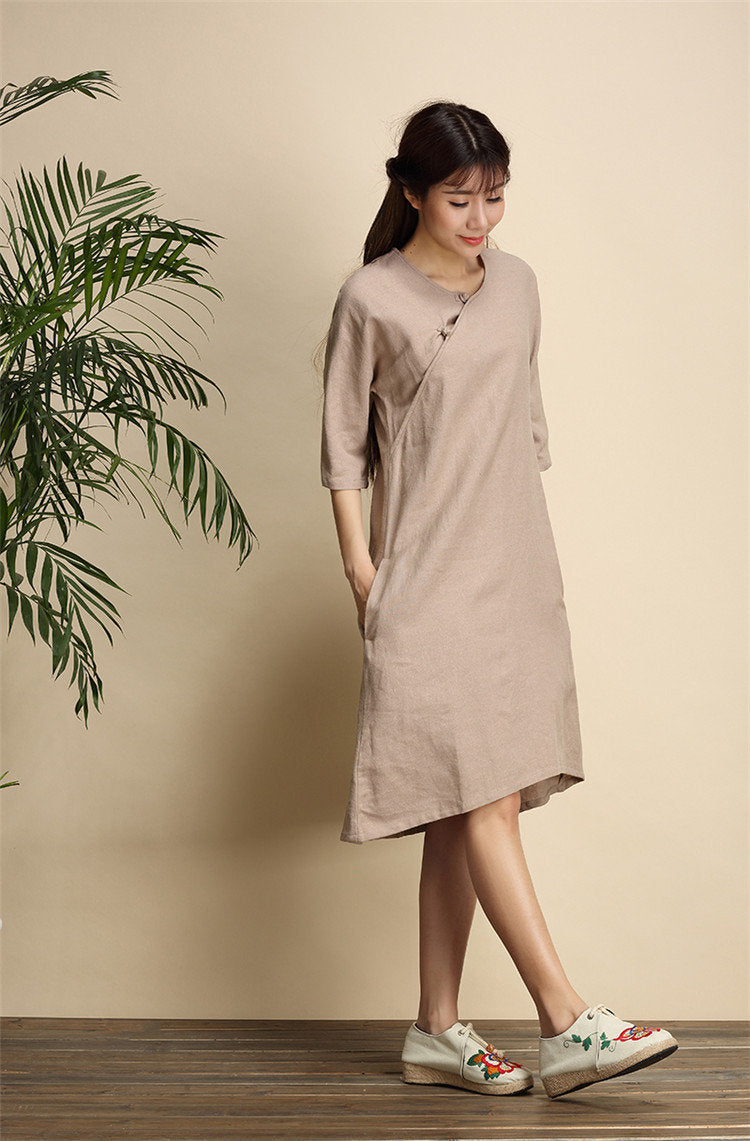 Women Simple Zen Type Women Linen and Cotton Knee Length Dress Light Brown Women Simple Zen Type Women Linen and Cotton Knee Length Dress Light Brown