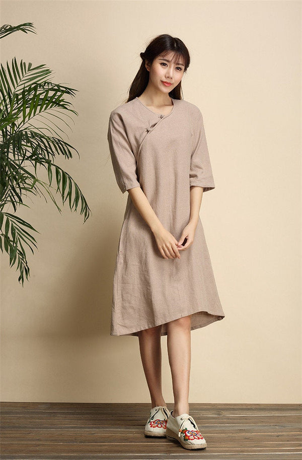 Women Simple Zen Type Women Linen and Cotton Knee Length Dress