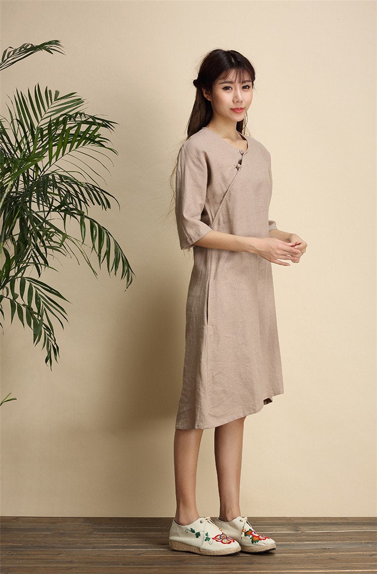 Women Simple Zen Type Women Linen and Cotton Knee Length Dress Light Brown Women Simple Zen Type Women Linen and Cotton Knee Length Dress Light Brown
