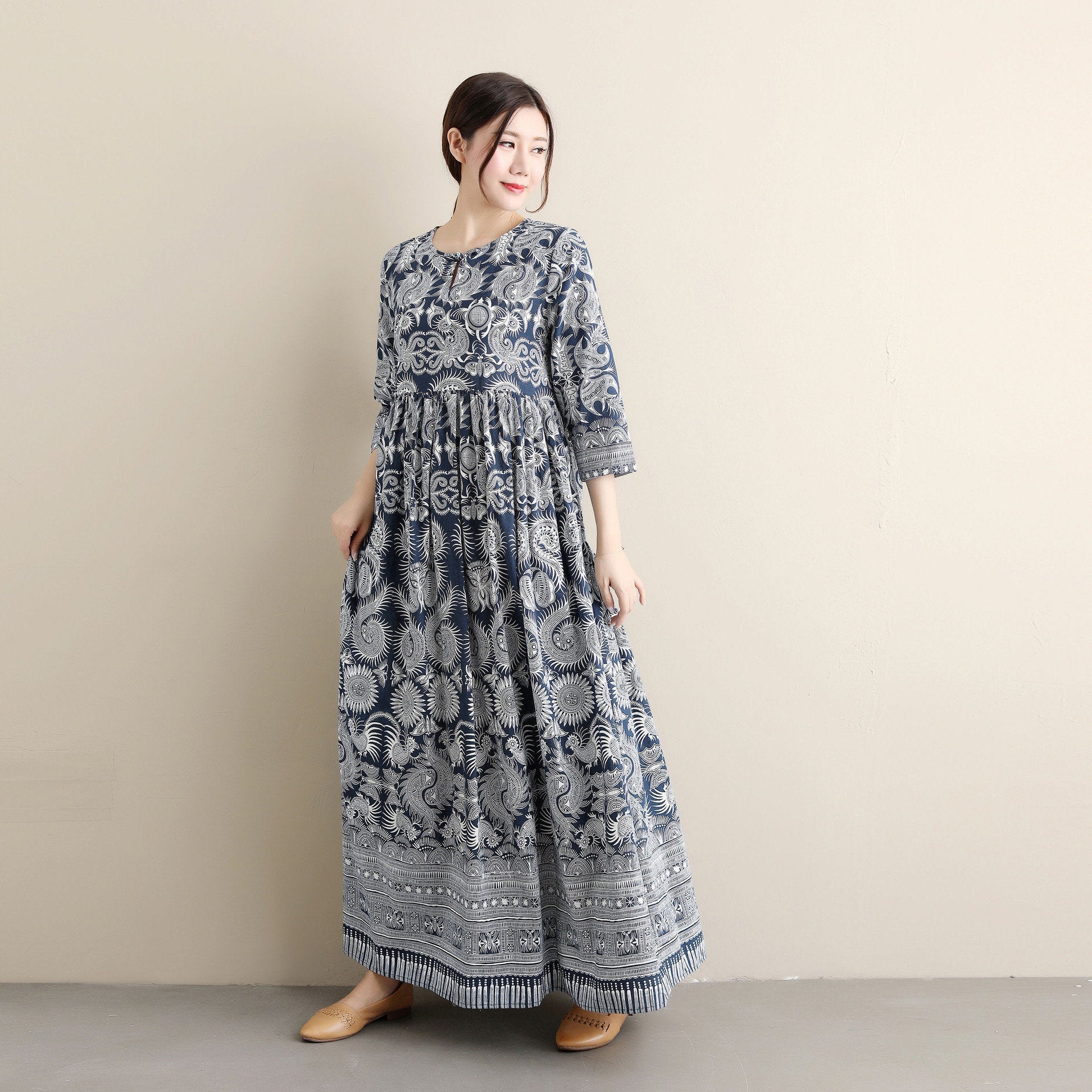 Women Ethnic Hanfu Dress Linen and Cotton Ankle Length Dress L Women Ethnic Hanfu Dress Linen and Cotton Ankle Length Dress L