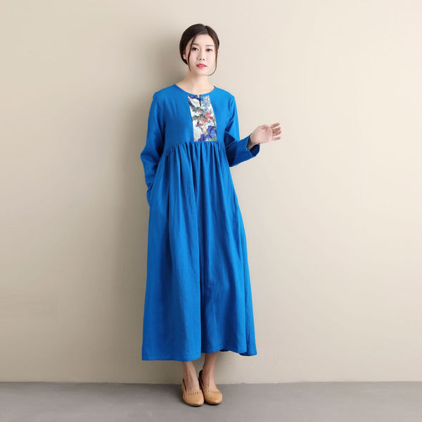 Women Ethnic Hanfu Style Linen and Cotton Tea Length Dress