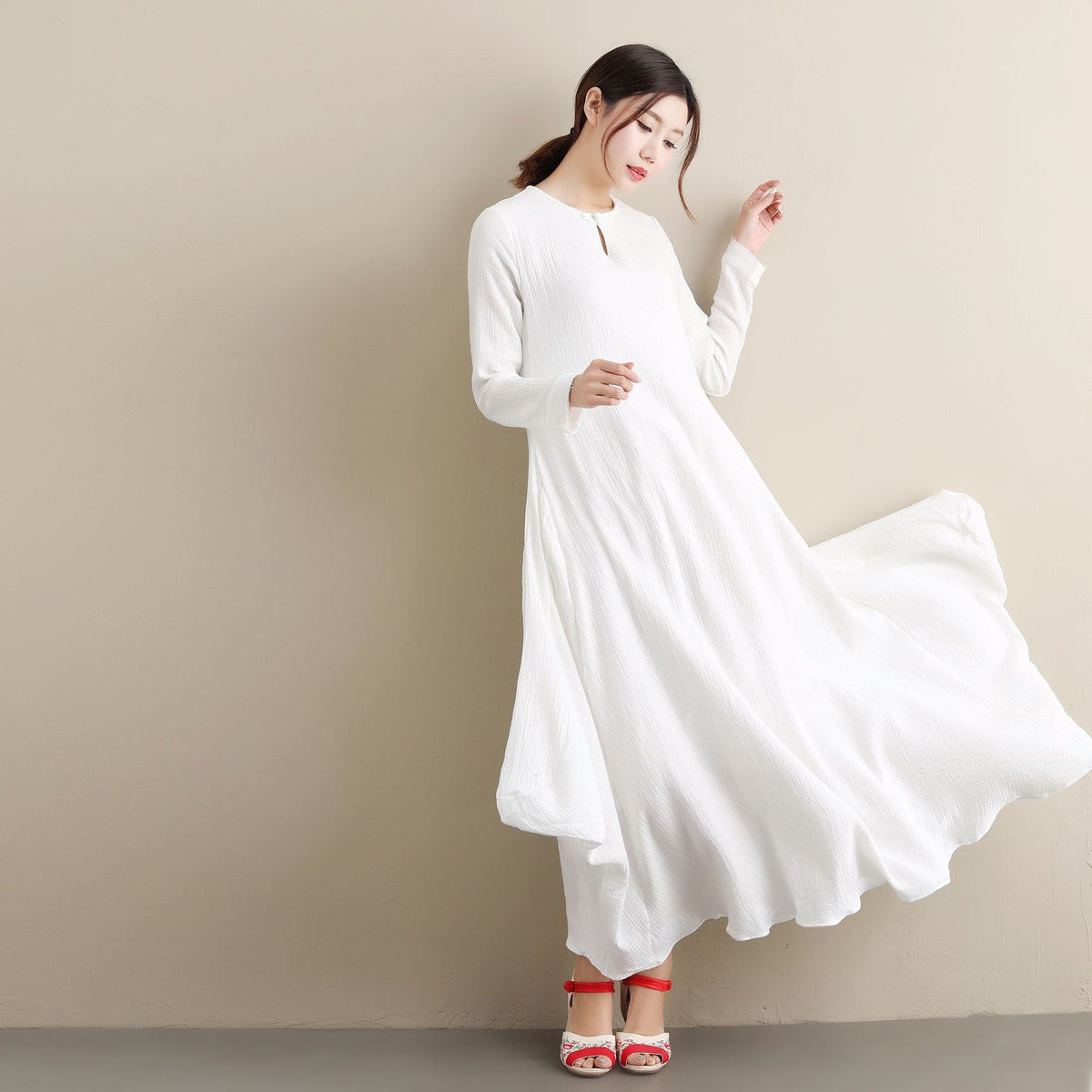 White Dress/ Simple Linen & Cotton Dress/ Summer Linen Dress/ Ankle Length Dress/ Maternity dress/ Casual dress/ Tent Dress/ Wrinkled Dress