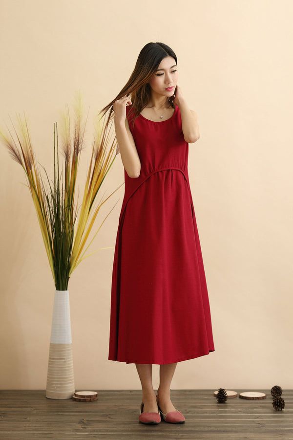 Linen Dress/ Pouf Dress/ Summer Linen Dress/ Tea Length Dress/ Casual dress/ Green Dress/ Red Dress/ Blue Dress/ Sleeveless Dress