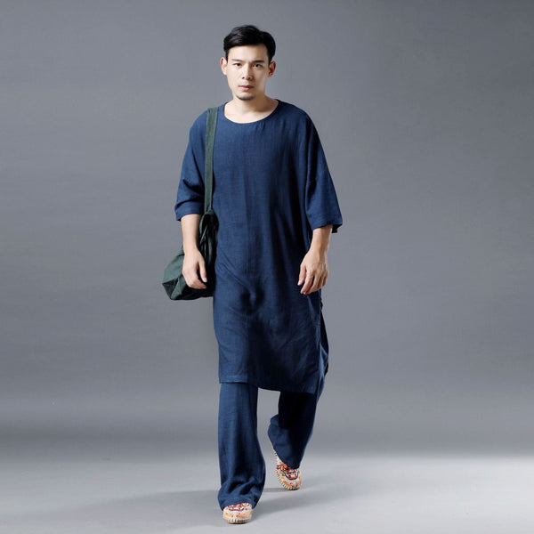 Men Simple Loose Comfort Tunic Style Linen and Cotton Short Sleeve Shirt Tops and Pants Set