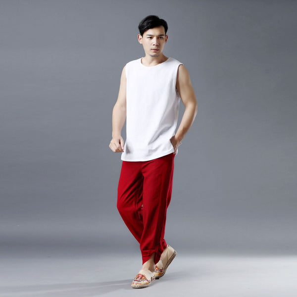 Men Simple Sleeveless Linen and Cotton Tank