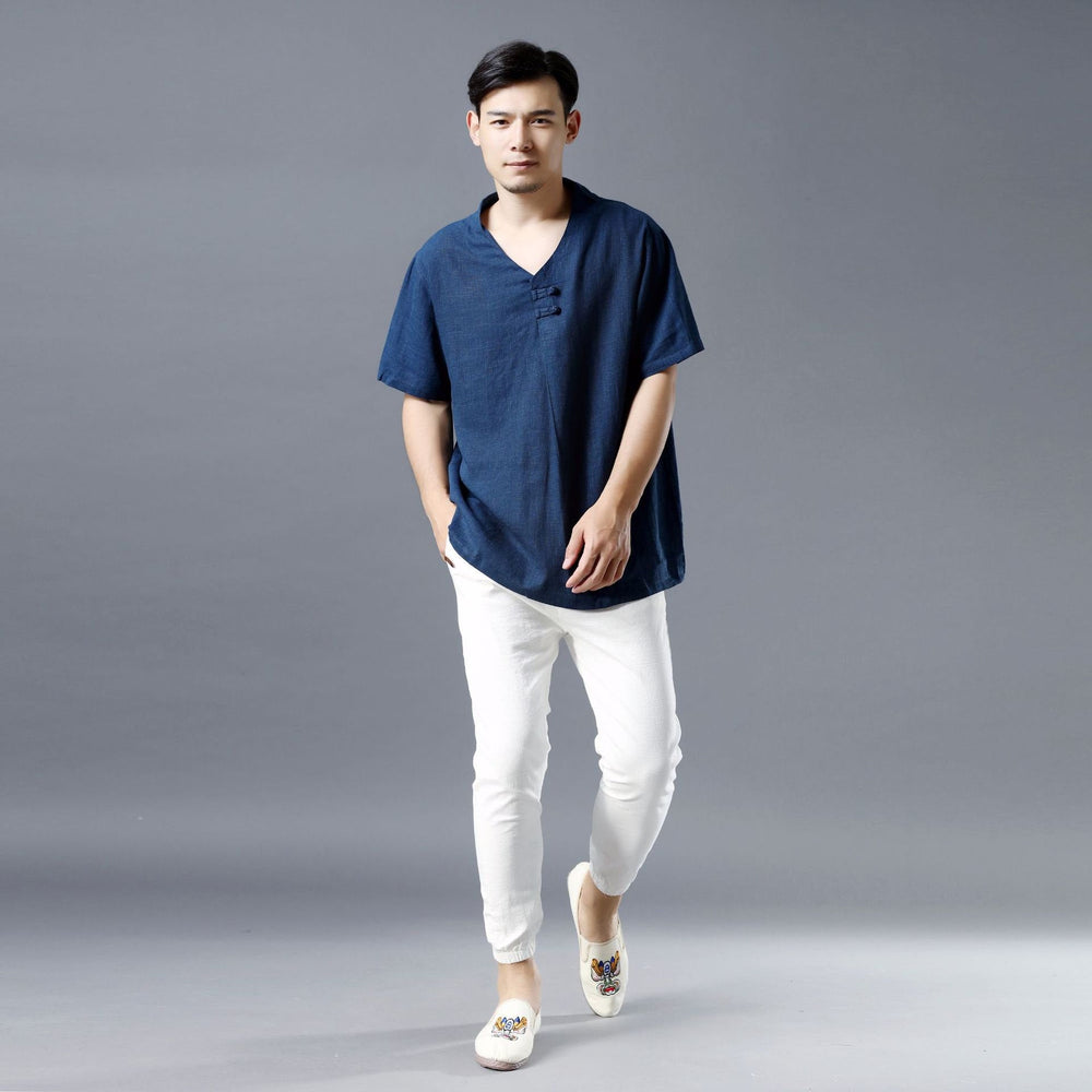 Men Pullover Short Sleeve Linen and Cotton Shirts Tops