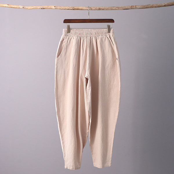 Women Casual Linen and Cotton Loose  Cropped Small Leg Pants