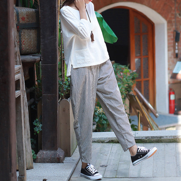 Women Linen and Cotton Casual Cropped Striped Pants