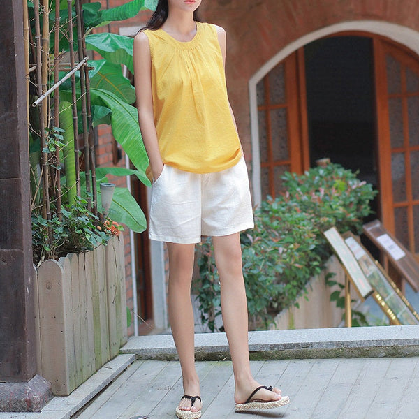 Women Casual Simple Linen and Cotton Shorts