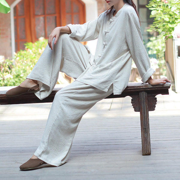 Kung Fu Style Women Long Sleeve Linen Cardigan Top and Pants Set