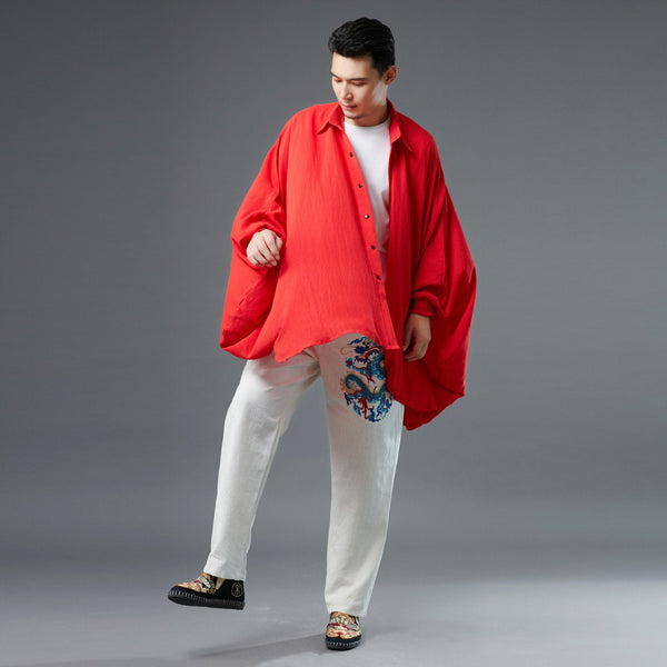 Men Red Loose Linen and Cotton Linen Cardigan Shirt