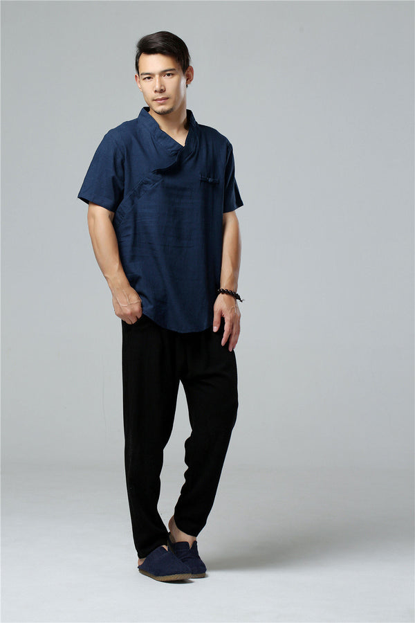 Men Simple Hanfu Style Short Sleeve Linen and Cotton T-shirt Tops