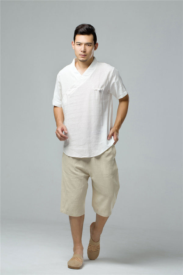 Men Simple Hanfu Style Short Sleeve Linen and Cotton T-shirt Tops