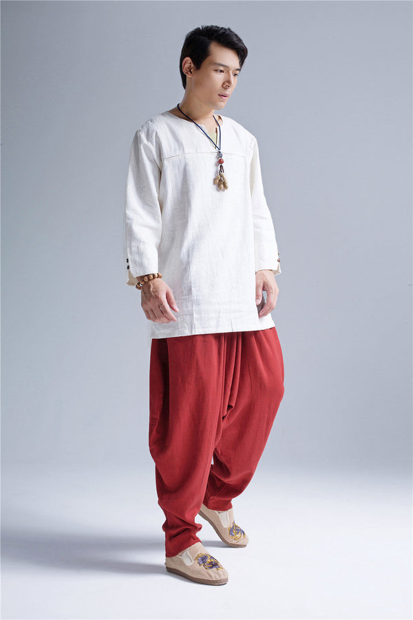 Men Pullover V-neck Linen and Cotton T-shirts Tops