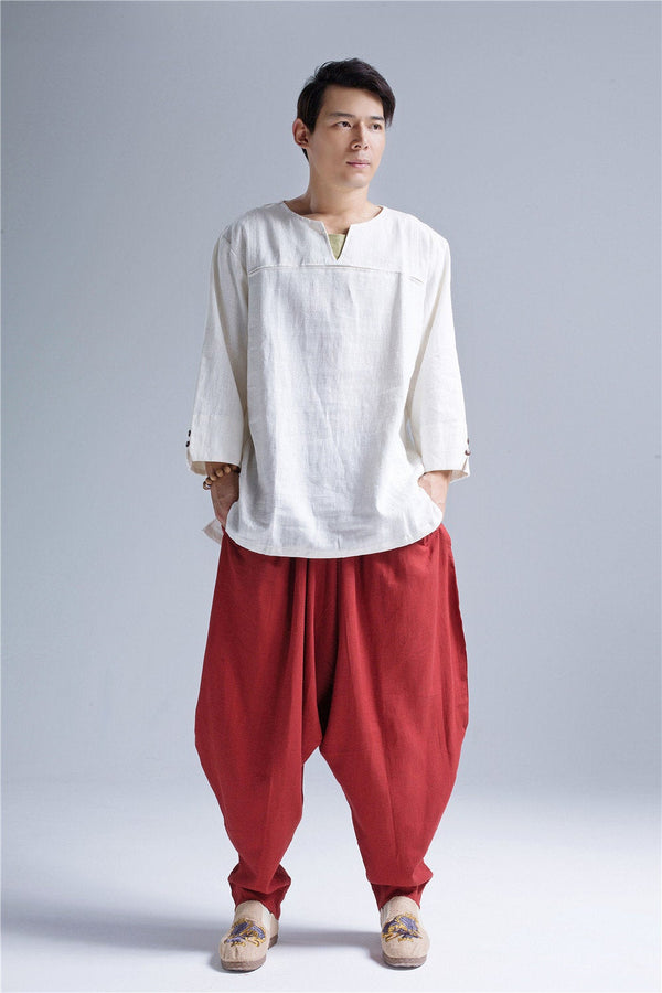 Men Pullover V-neck Linen and Cotton T-shirts Tops