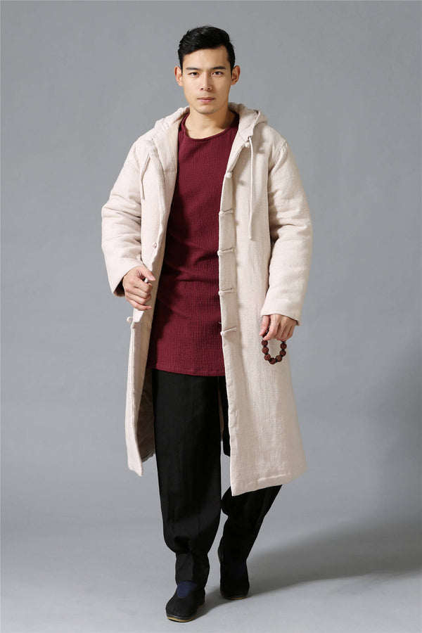 Men New Hangfu Kungfu Style Linen and Cotton Quilted Long Coat Hoodie