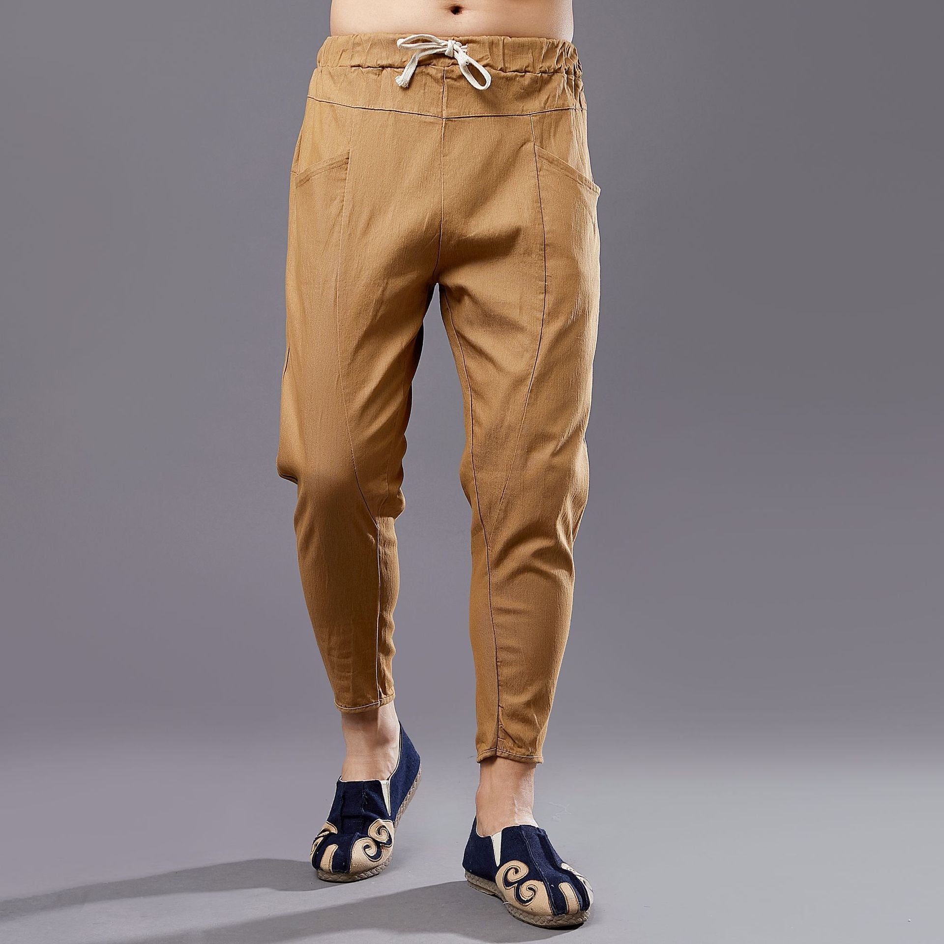 Men New Style Causal Linen and Cotton Capri Small Leg Opening Pants