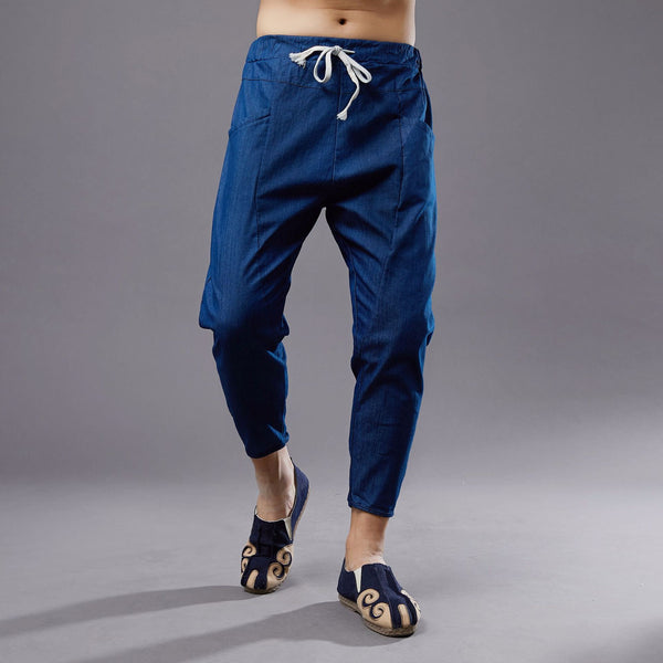 Men New Style Causal Linen and Cotton Capri Small Leg Opening Pants