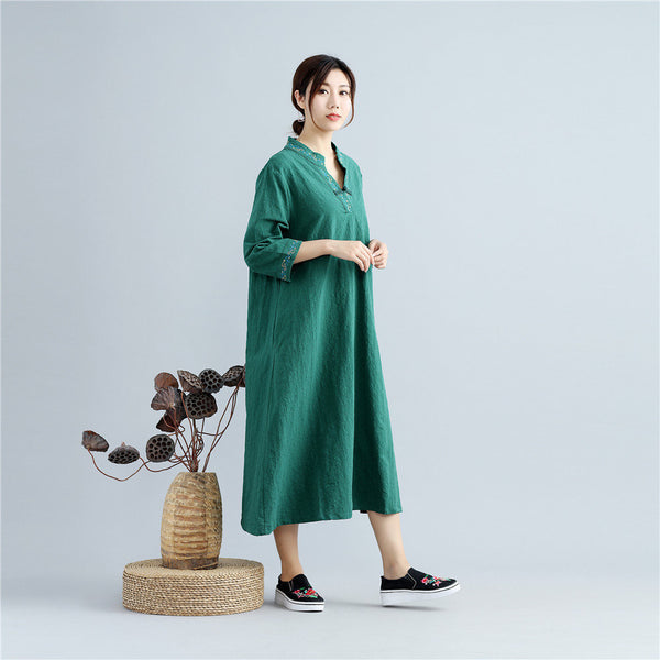 Women Asian Type Women Linen and Cotton Embroidered Tea Length Dress