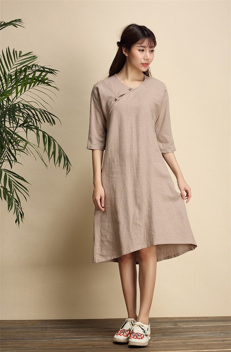 Women Simple Zen Type Women Linen and Cotton Knee Length Dress Light Brown Women Simple Zen Type Women Linen and Cotton Knee Length Dress Light Brown