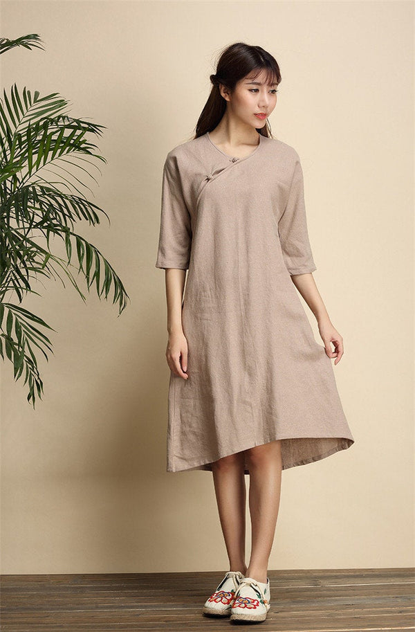 Women Simple Zen Type Women Linen and Cotton Knee Length Dress