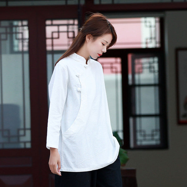Women White blouse, white linen blouse, linen blouse, loose linen blouse, Zen Blouse, long sleeve blouses, Hangfu, chinese blouse