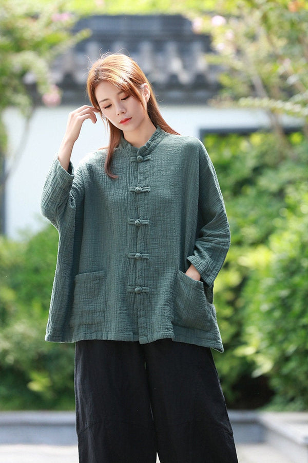 Loose Asian Style Women Linen and Cotton Long Sleeve Cardigan Shirt