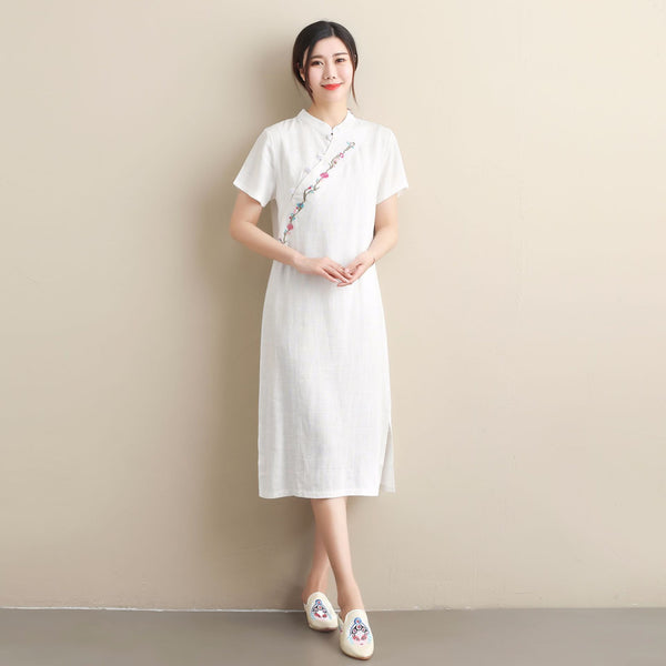 Women Ethnic Style Linen and Cotton Traditional Hanfu Type Tea Length Dress