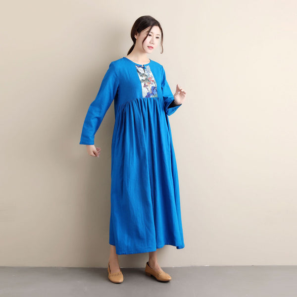 Women Ethnic Hanfu Style Linen and Cotton Tea Length Dress