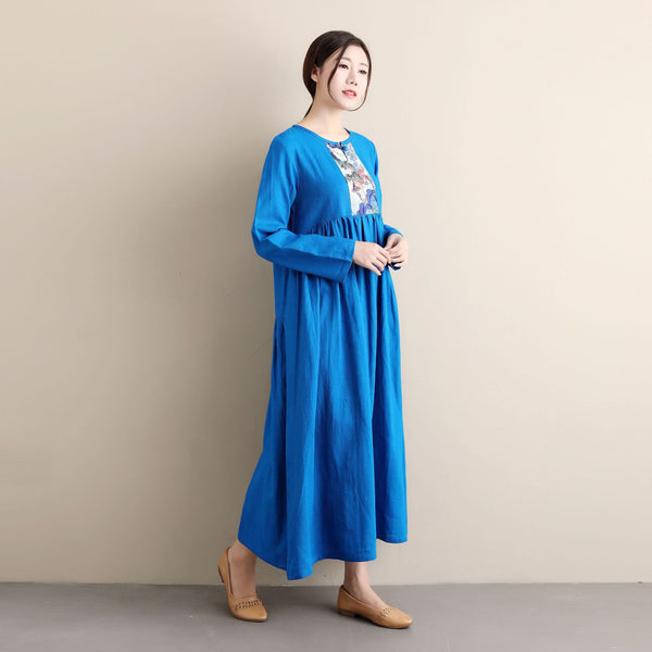 Women Ethnic Hanfu Style Linen and Cotton Tea Length Dress